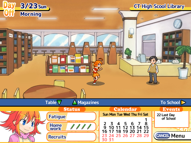 Game scene of Miley running in the school library.